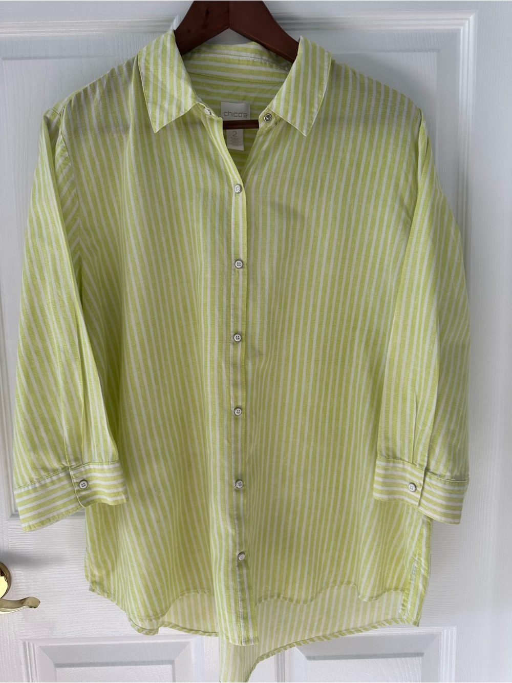 Chico’s Silk Cotton Chartreuse Green White Stripe 3/4 Sleeve Shirt Size 2 Large
